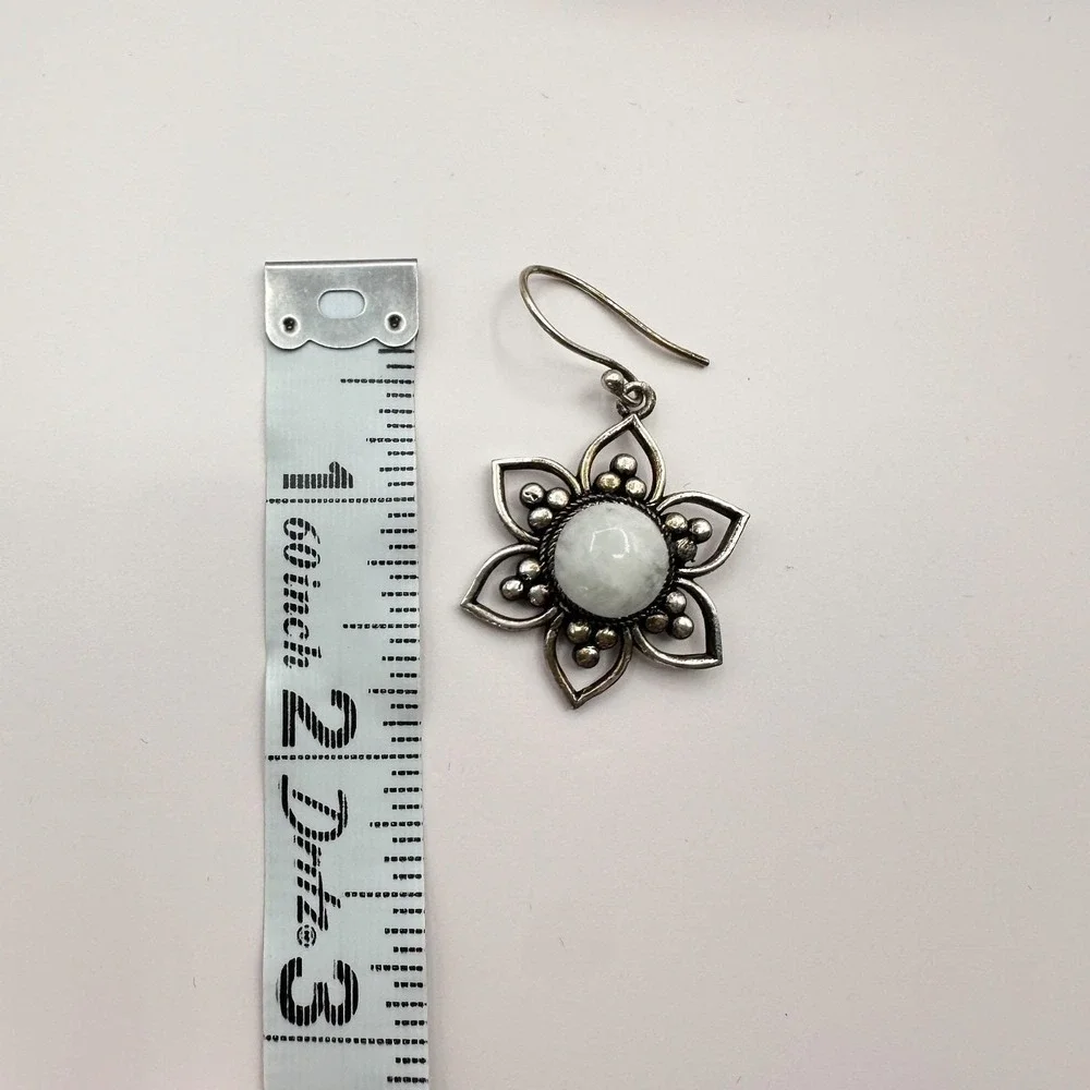 Vintage 90s Silver Tone Moonstone Floral Dangle Earrings Women's Classic Jewelry
